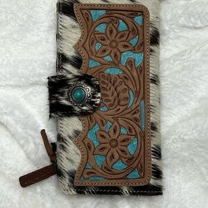 Myra Bag black & white hide with Turquoise tooled Floral Wallet